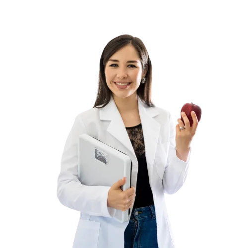 smiling dietician holding an apple