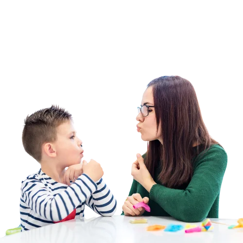 speech pathologist and a kid having speech training session